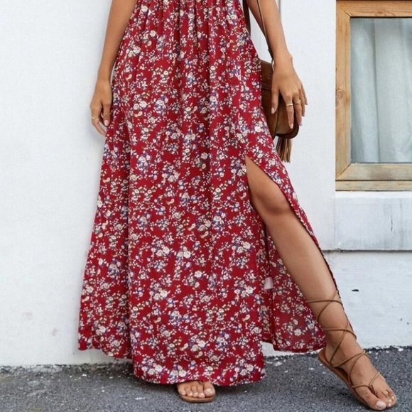 Floral High Split Off Shoulder Dress red - Picture 7 of 7